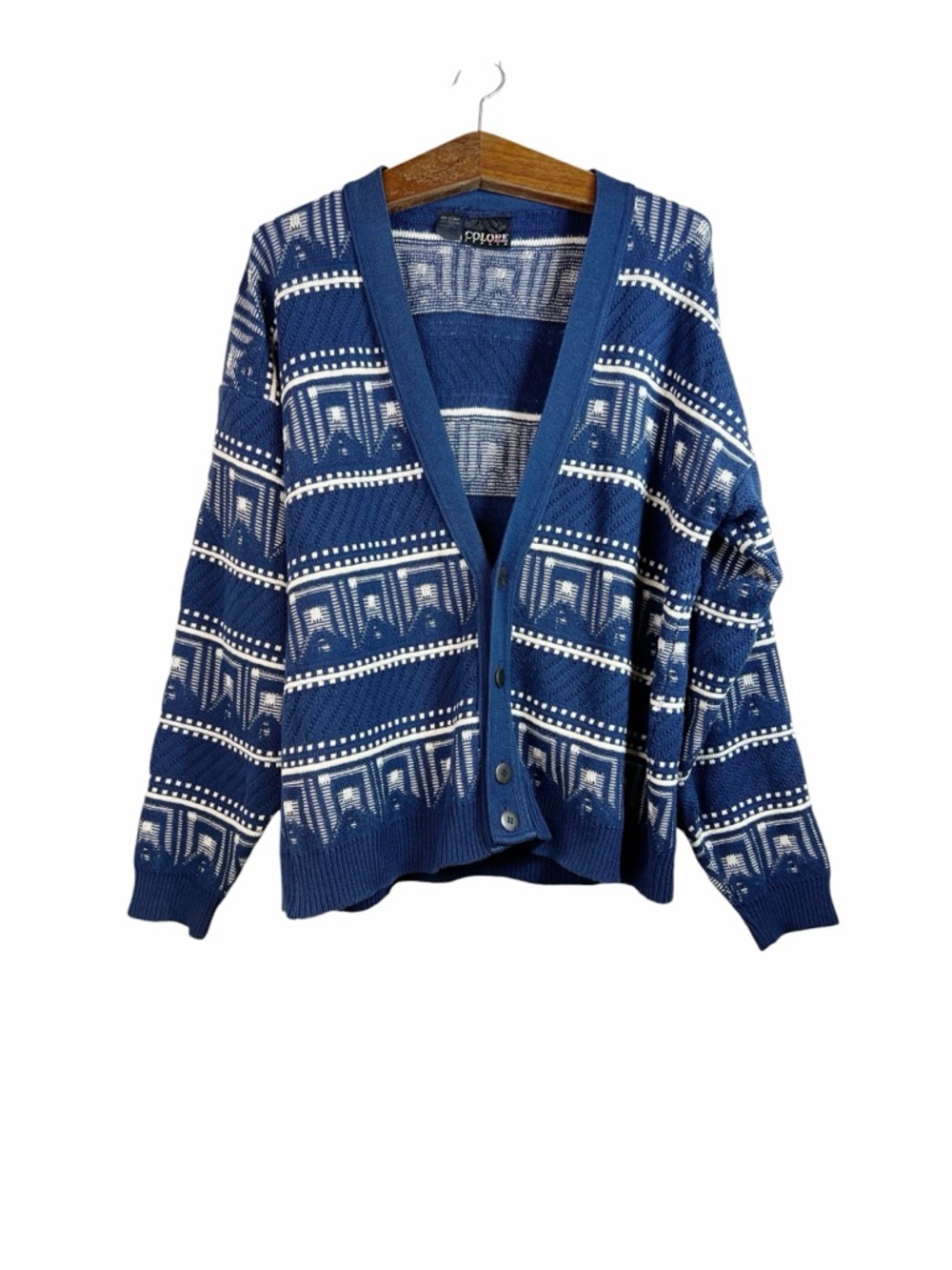 Vintage Colore Italia Blue White Geometric Tribal Cardigan Mens Size L 80s 90s